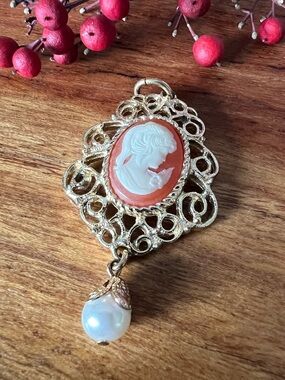 Sarah Coventry Vintage-Inspired Coral Cameo Pendant with Pearl Drop Gold Tone